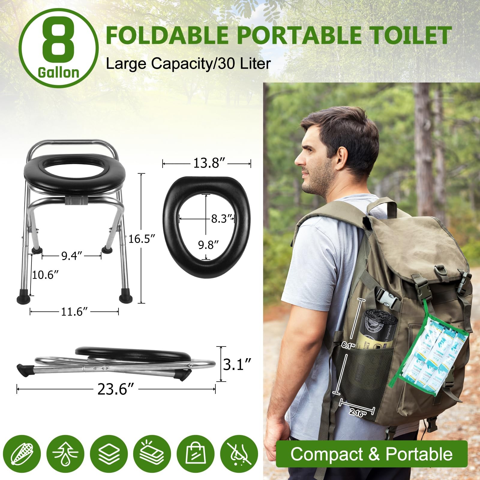 Portable Toilet for Camping, 350LBS Stainless Steel Foldable Camp Travel Toil…