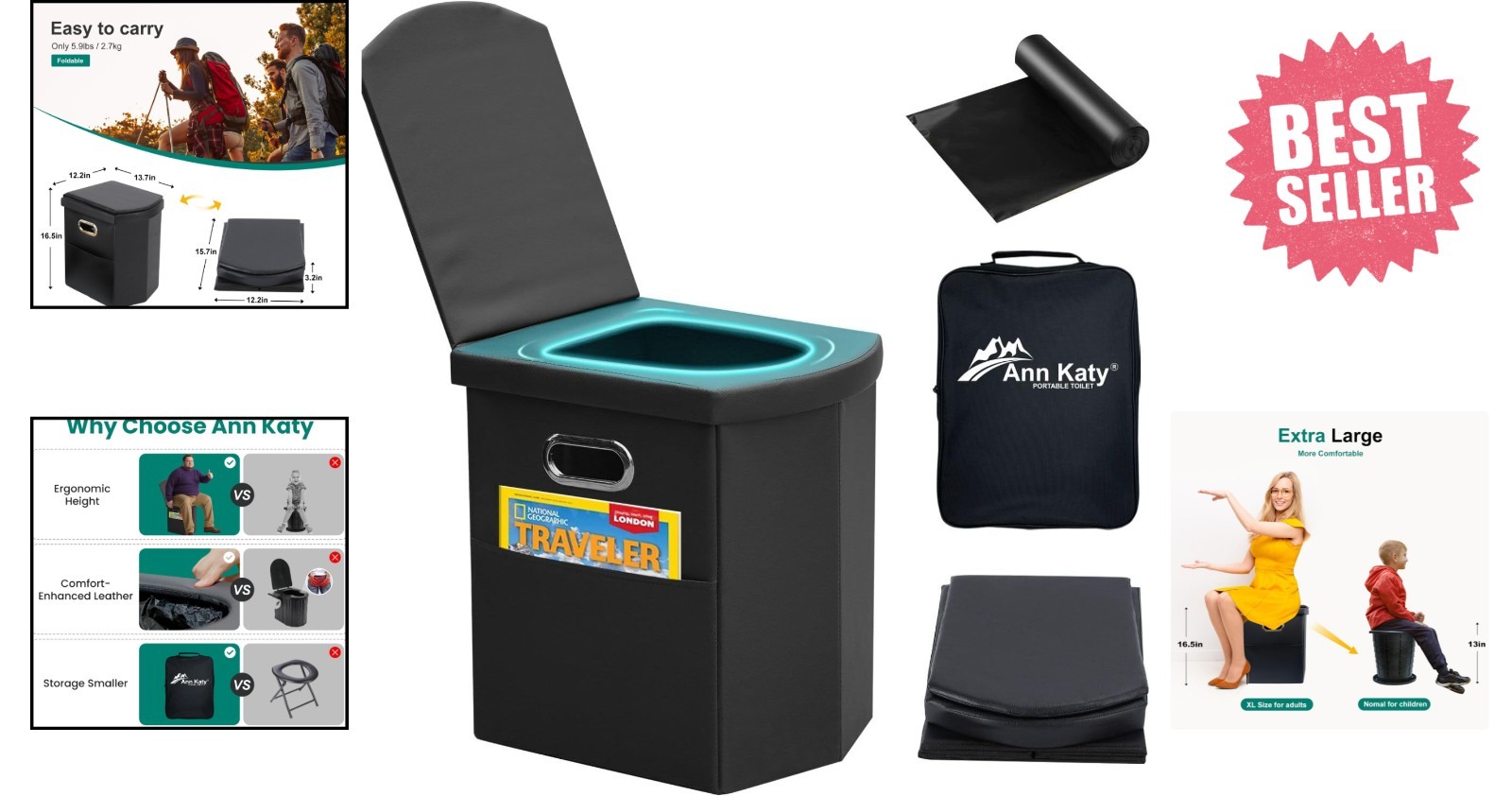 Ergonomic Extra Large Portable Toilet for Camping & Hiking – Soft Leather Finish