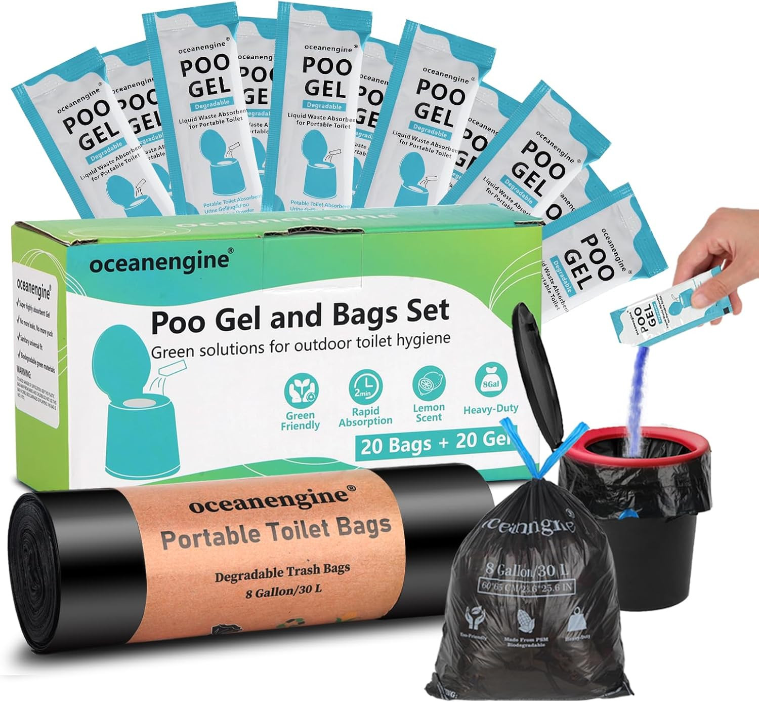 Oceanengine Portable Toilet Bags Poo Gel Set, 8 Gallon Camping Toilet Bags with