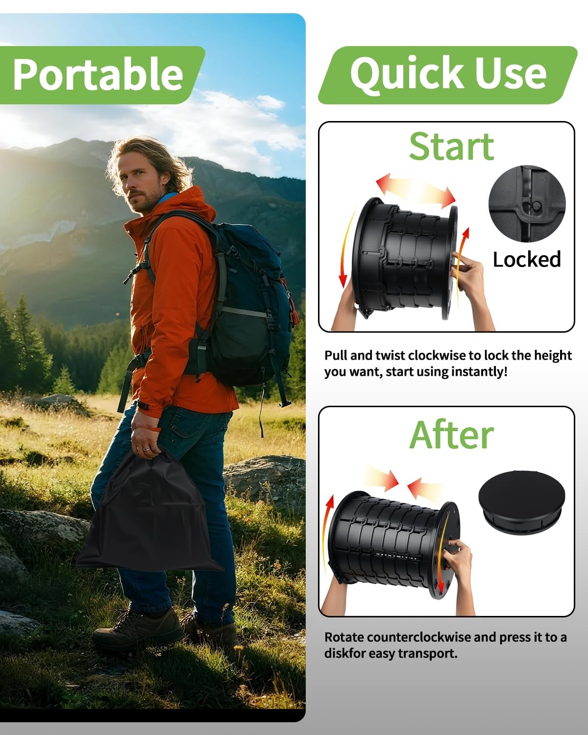 Camping Toilet Retractable Portable Potty Foldable Adjustable Height Travel