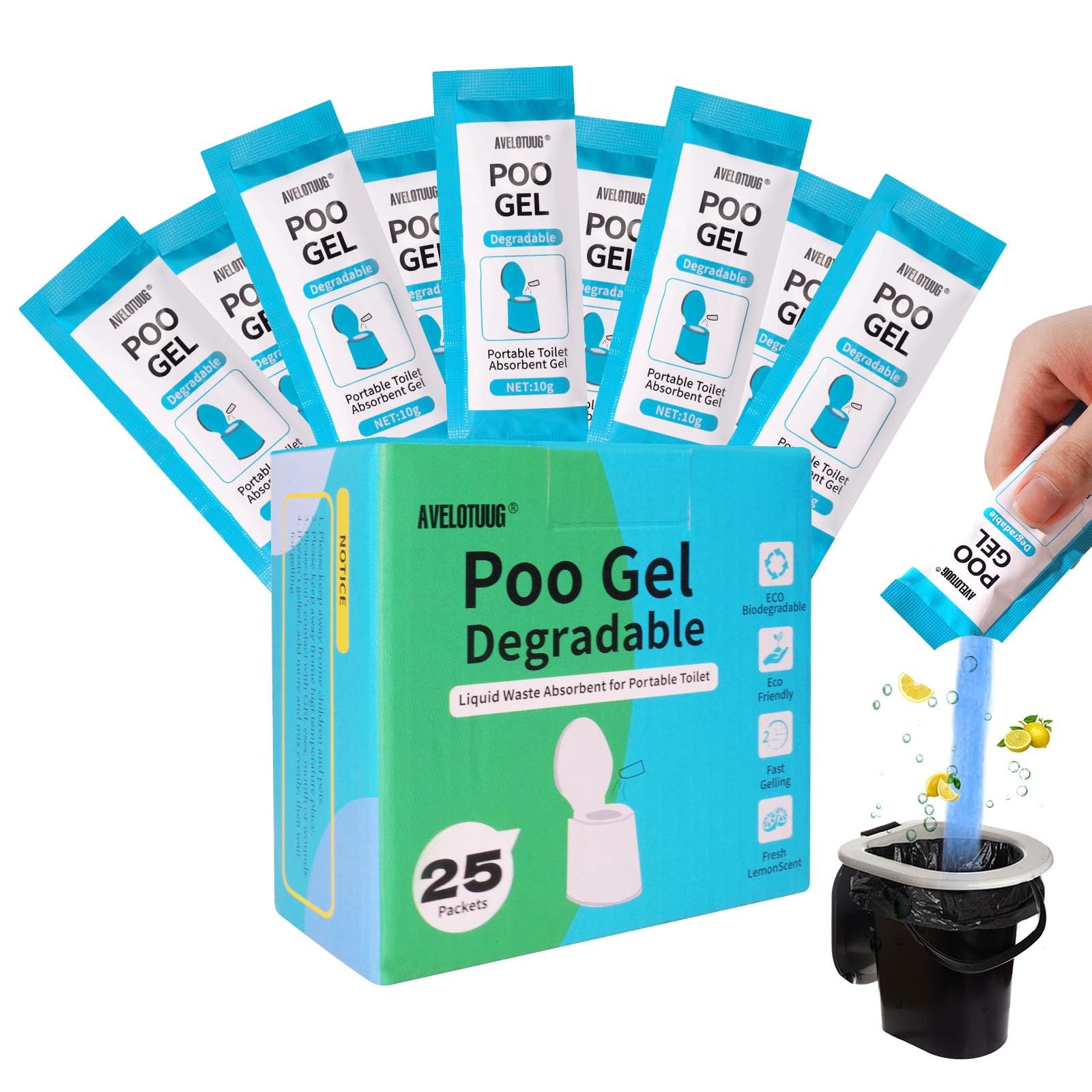 Portable Toilet Absorbent Gel Powder, 25 Pack Poo Gel for Camping Toilet Soli…