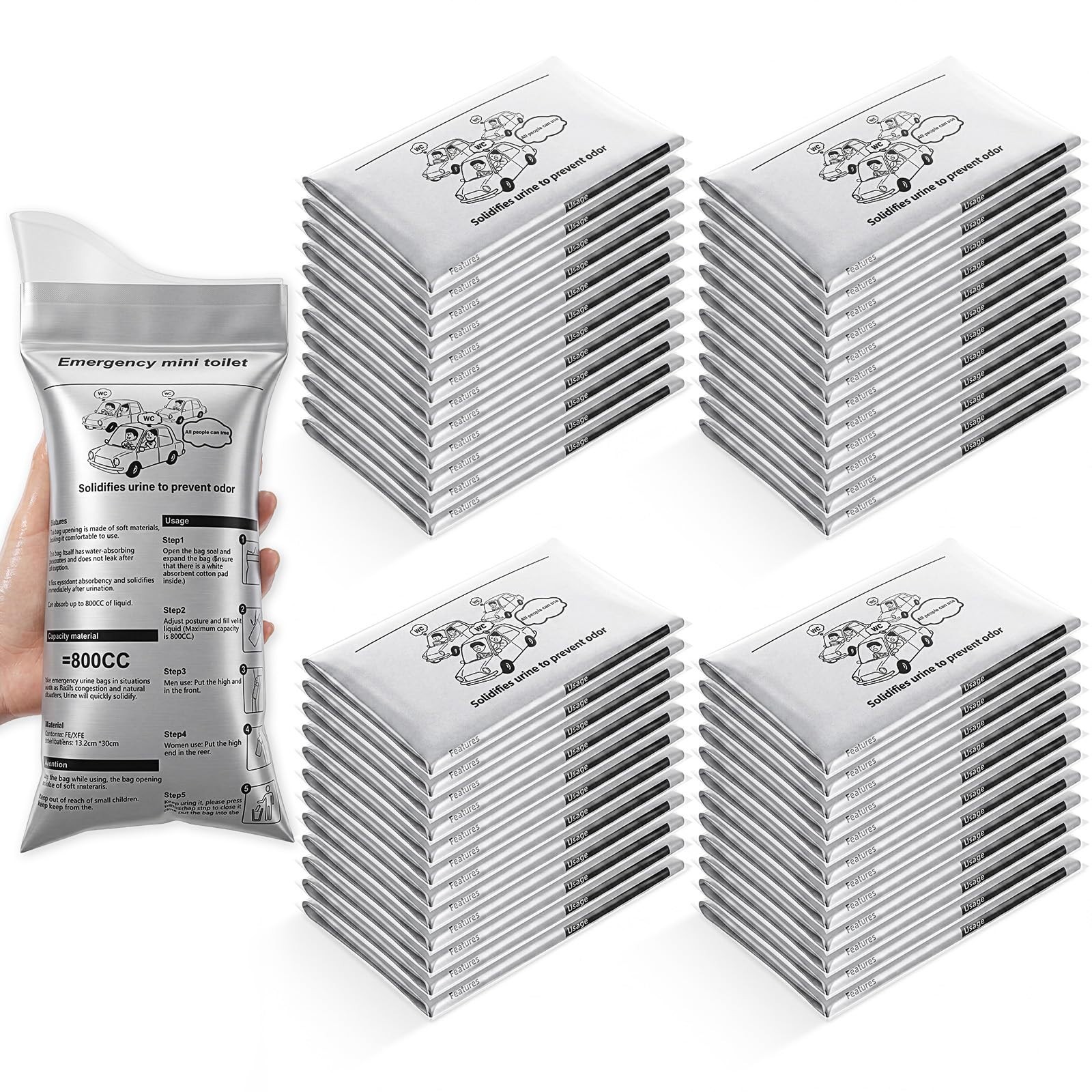 50 Pcs Portable Disposable Urinal Bags for Travel, Camping, Hiking, Emergency Us