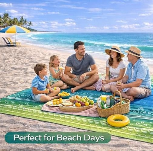 Oversized Beach Blanket (79″ x 79″) | Sandproof & Waterproof, Blue Lime Ripple