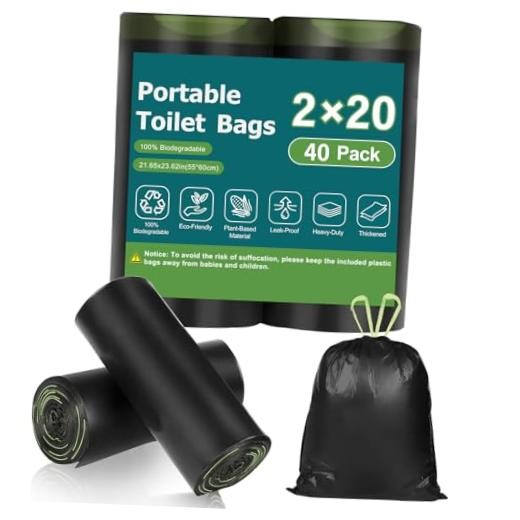 40 Portable Toilet Camping Toilet Bags, Biodegradable with Drawstring & 40 pack