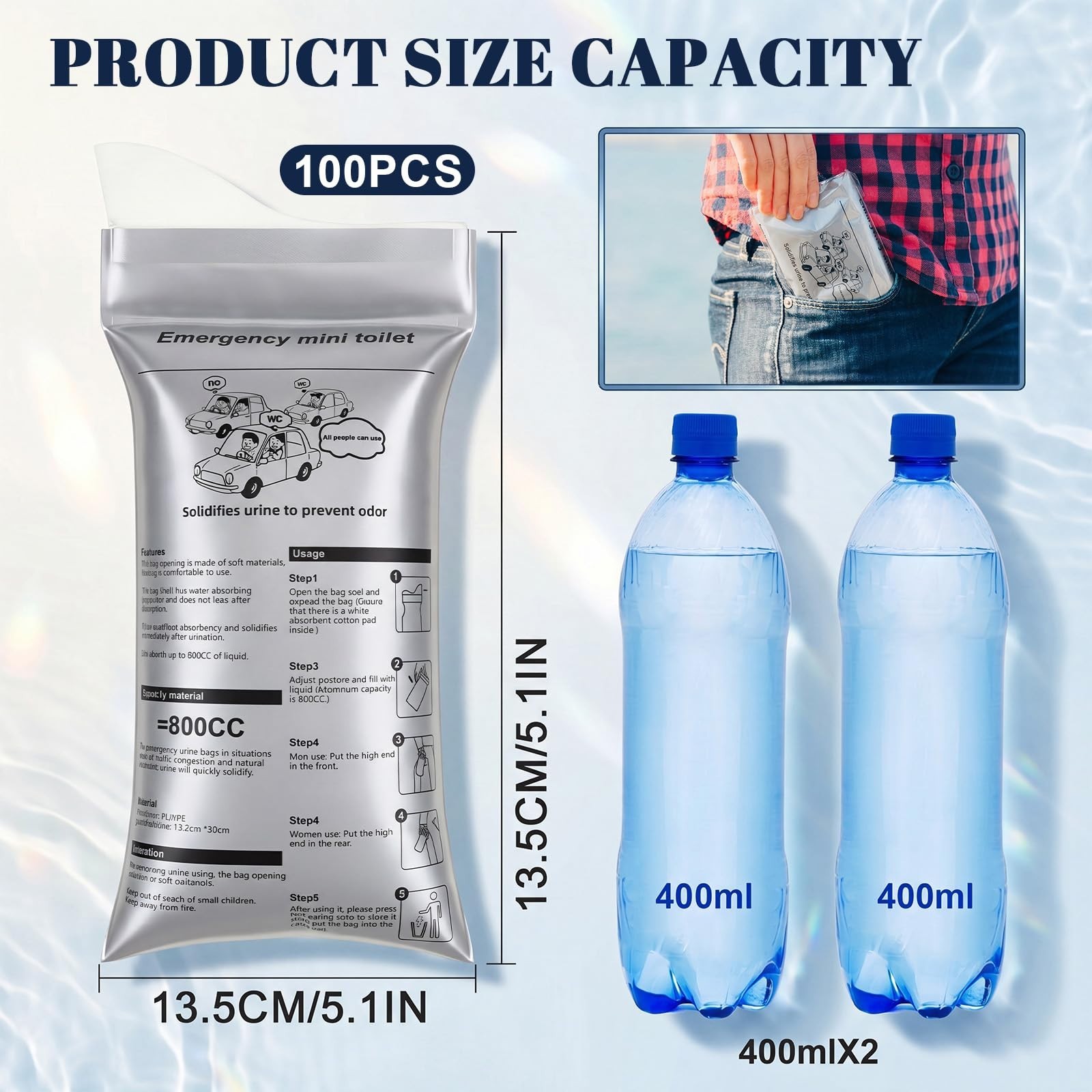 50 Pcs Portable Disposable Urinal Bags for Travel, Camping, Hiking, Emergency Us
