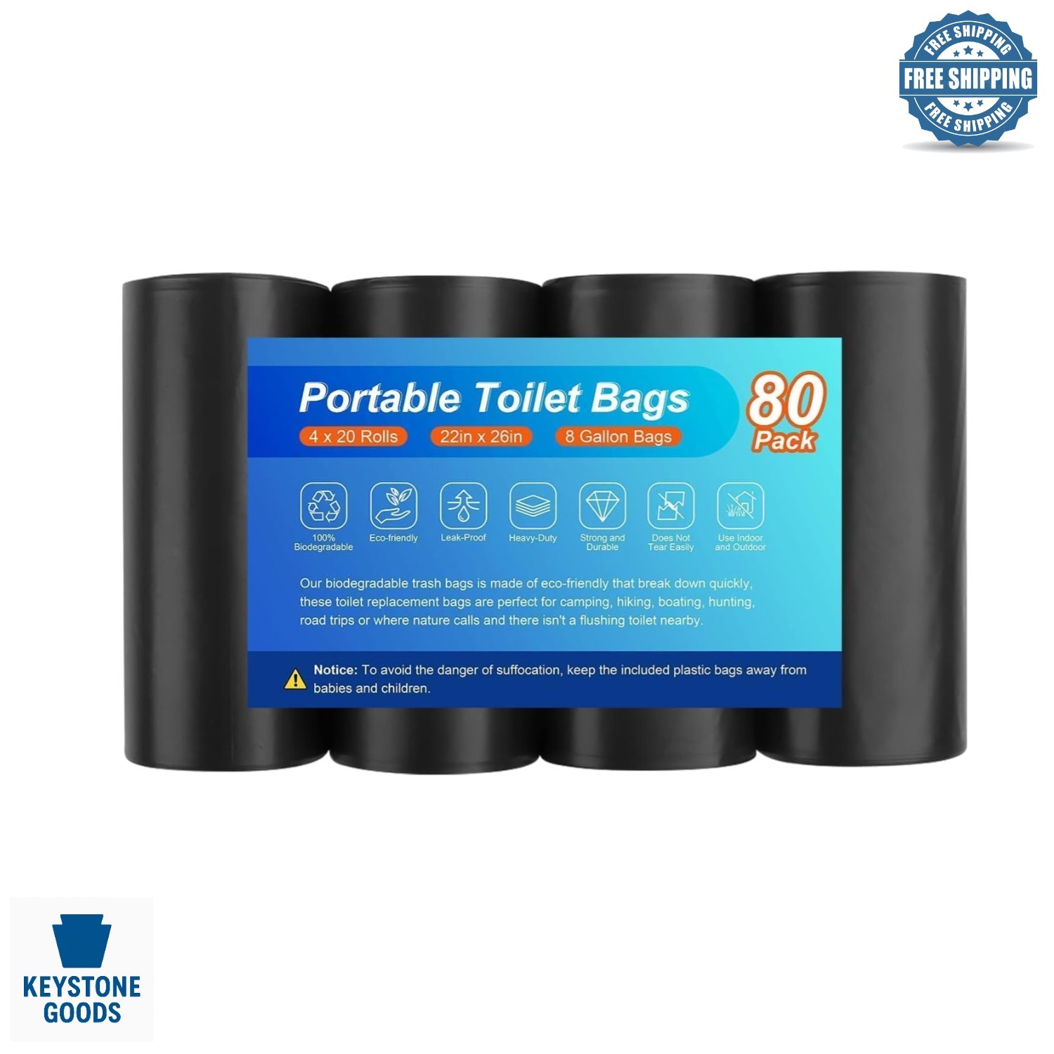 80 Pack Biodegradable Camping Toilet Bags – 8 Gallon, Leak-Proof, Compostable…