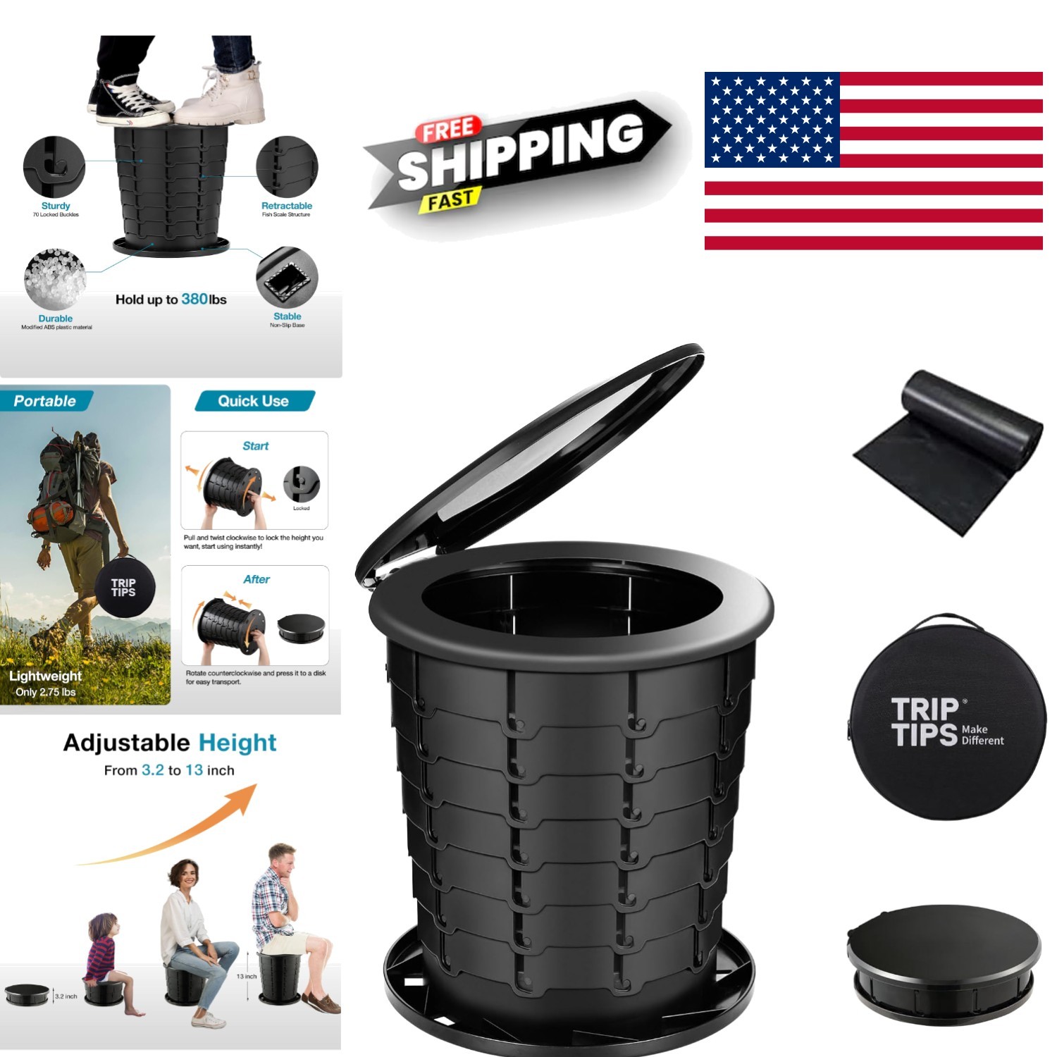 Upgrade Retractable Portable Toilet Adjustable Height for Camping and Travel