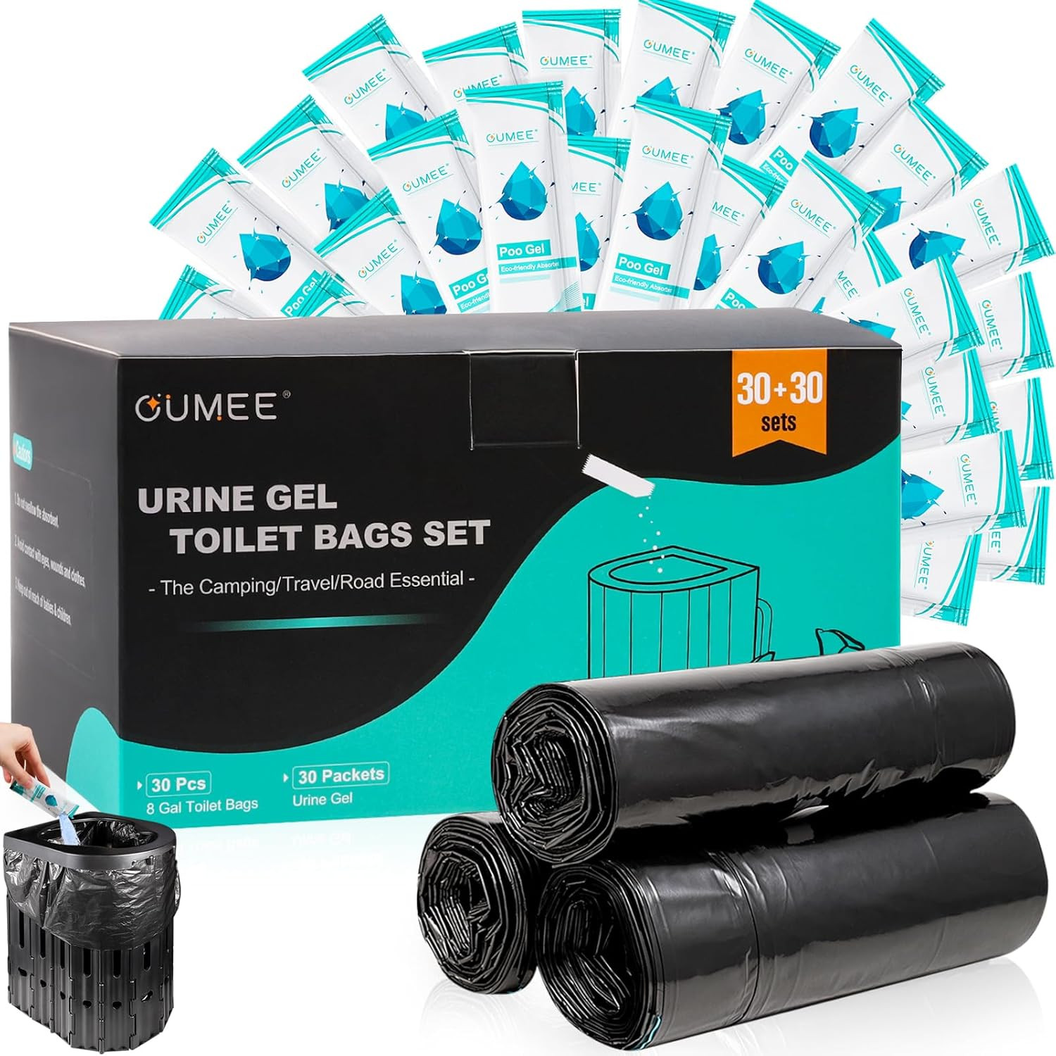 Portable Toilet Bags with Poo Gel Set, 8 Gallon Camping Toilet Bags with Absorbe