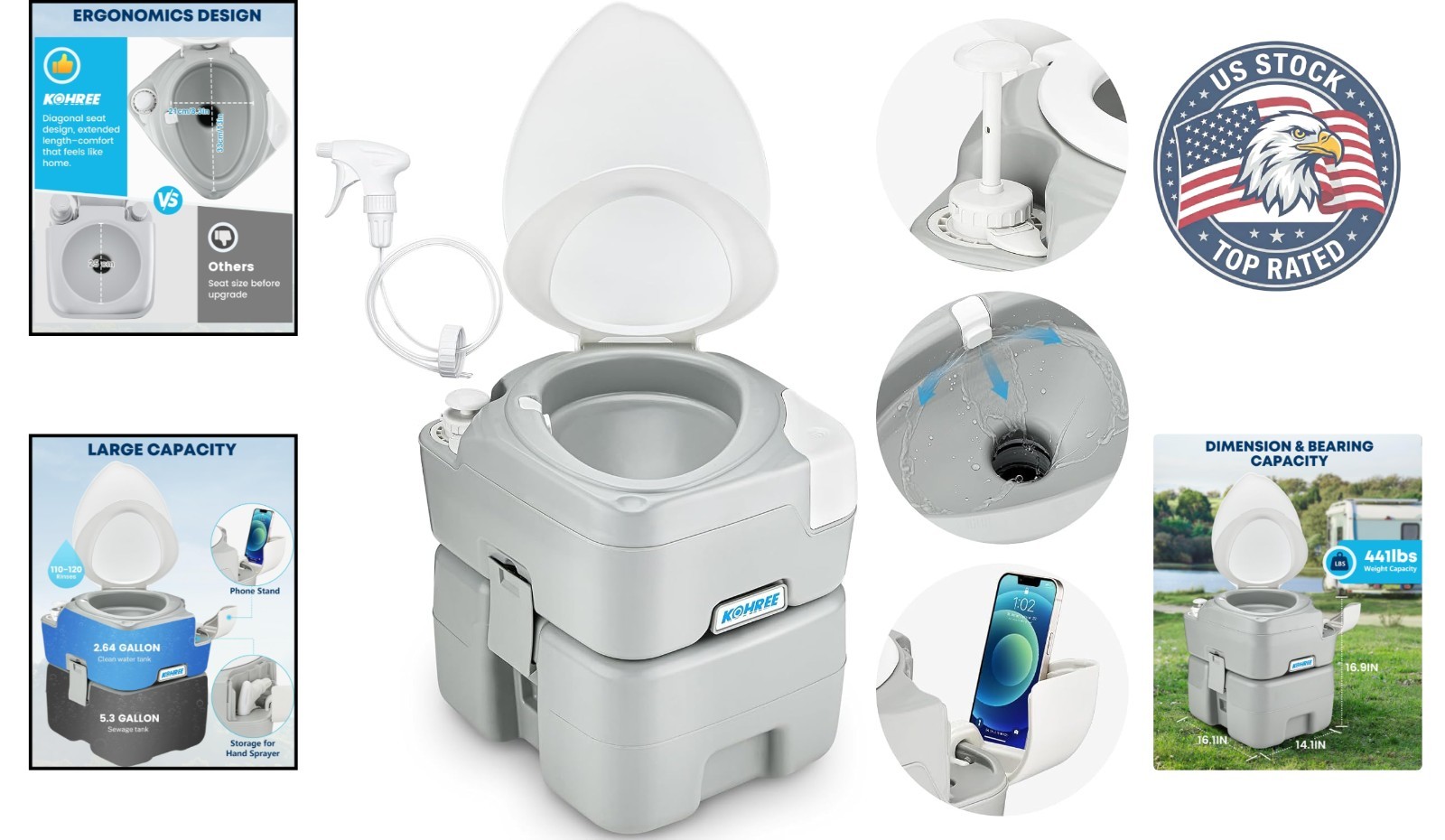 Compact Cassette Toilet 5.3 Gal with Diagonal Seat – Perfect for RVs & Camping