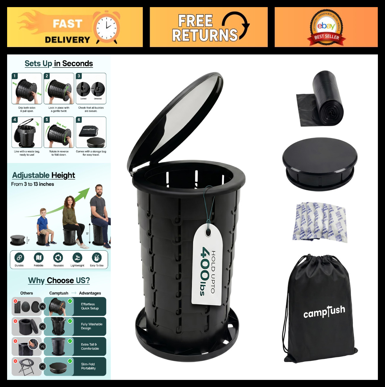 Portable Camping Toilet – 400 lbs Capacity | Foldable & Adjustable 13″ Height |