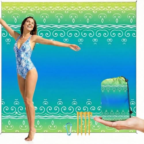 Oversized Beach Blanket (79″ x 79″) | Sandproof & Waterproof, Blue Lime Ripple