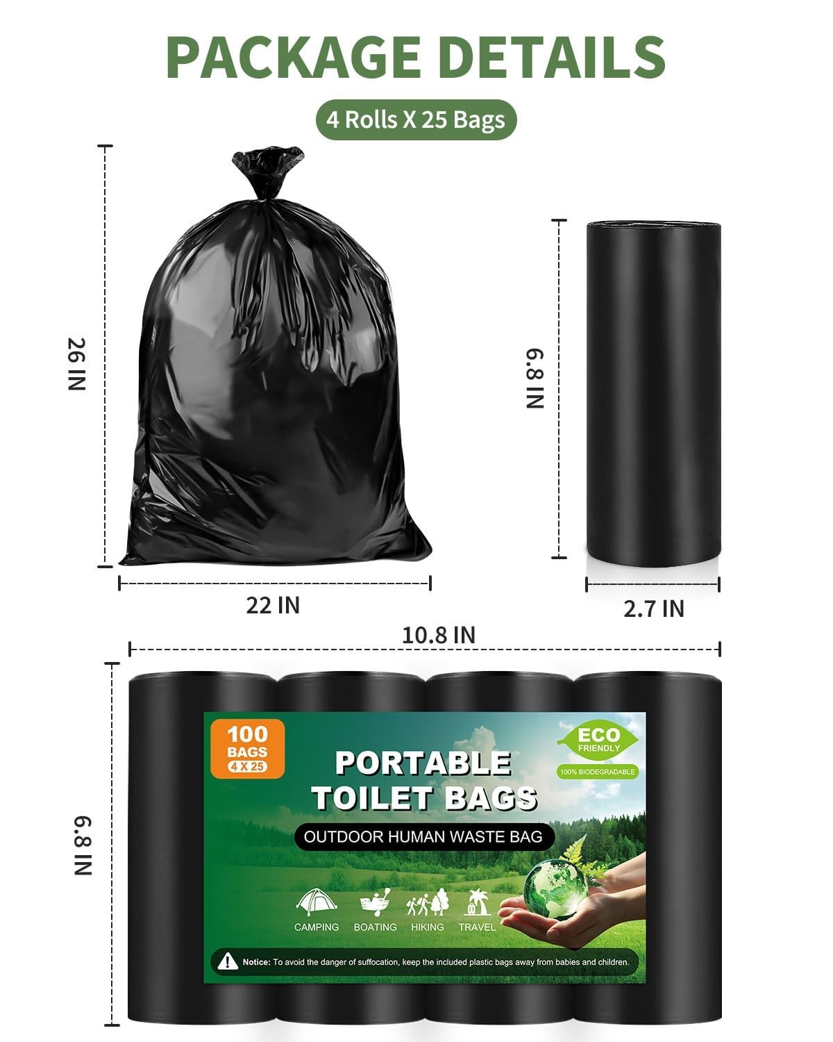 100 Portable Toilet Bags Thick Biodegradable Camping Toilet Bags for Portable…