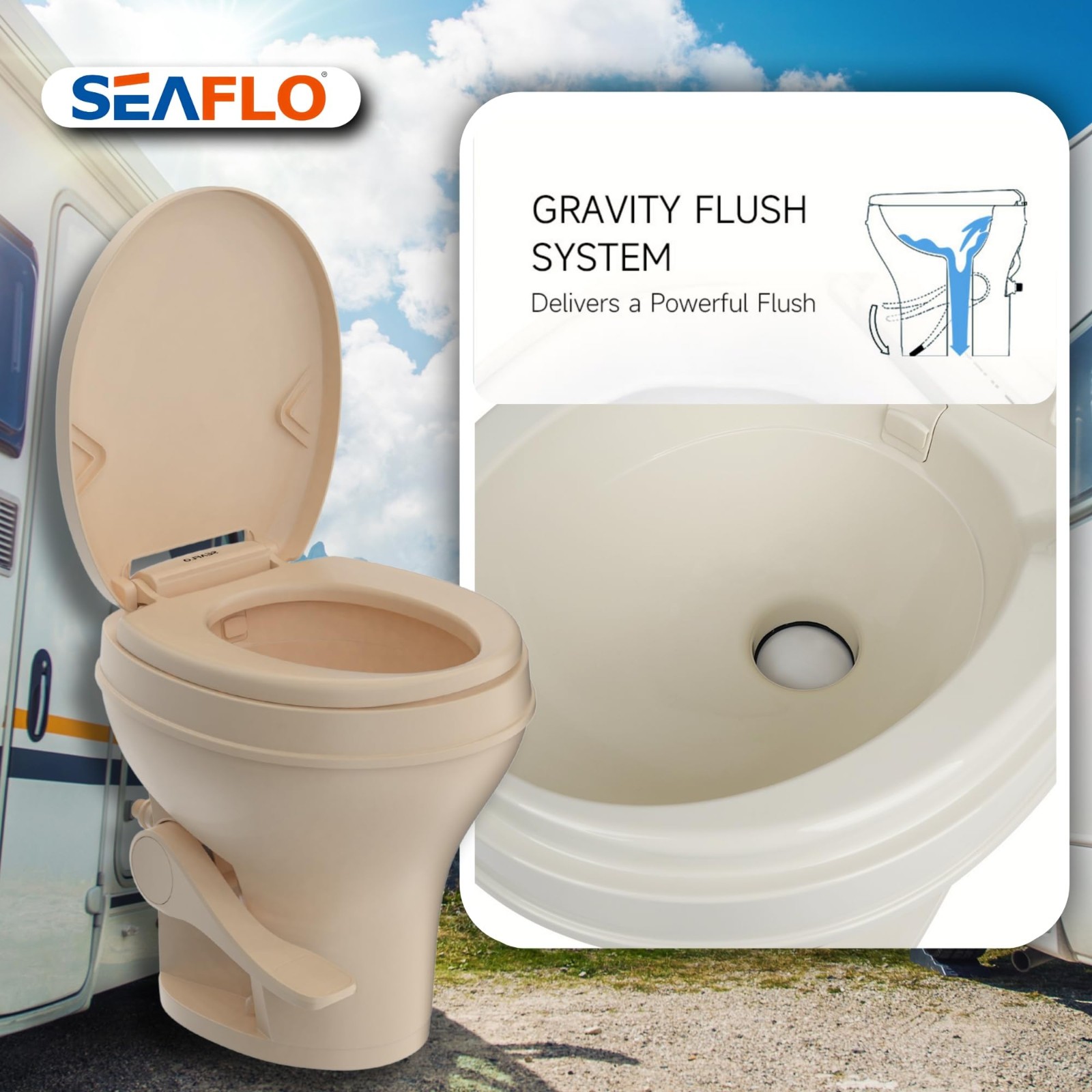 SEAFLO Bone-Colored Residential Height Camper/RV Toilet, 18.5” Height