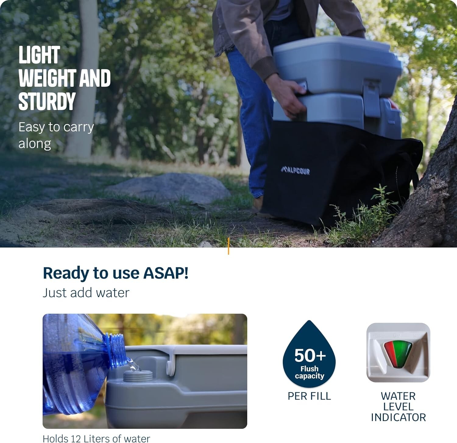 Portable Toilet with Piston Pump Flush & 5.3 Gallon Waste Tank – Compact Design