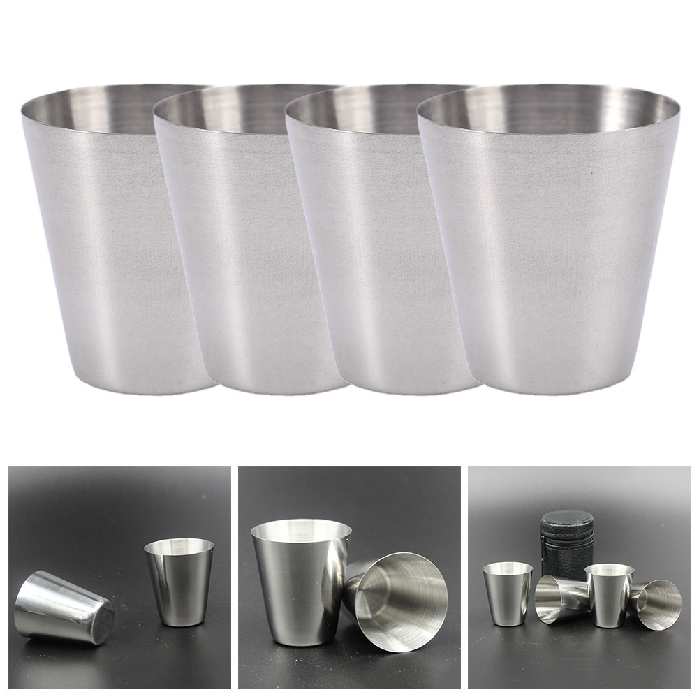 Stainless Steel Cup Set for Camping 30ml Pack of 4 with Leather Storage Case
