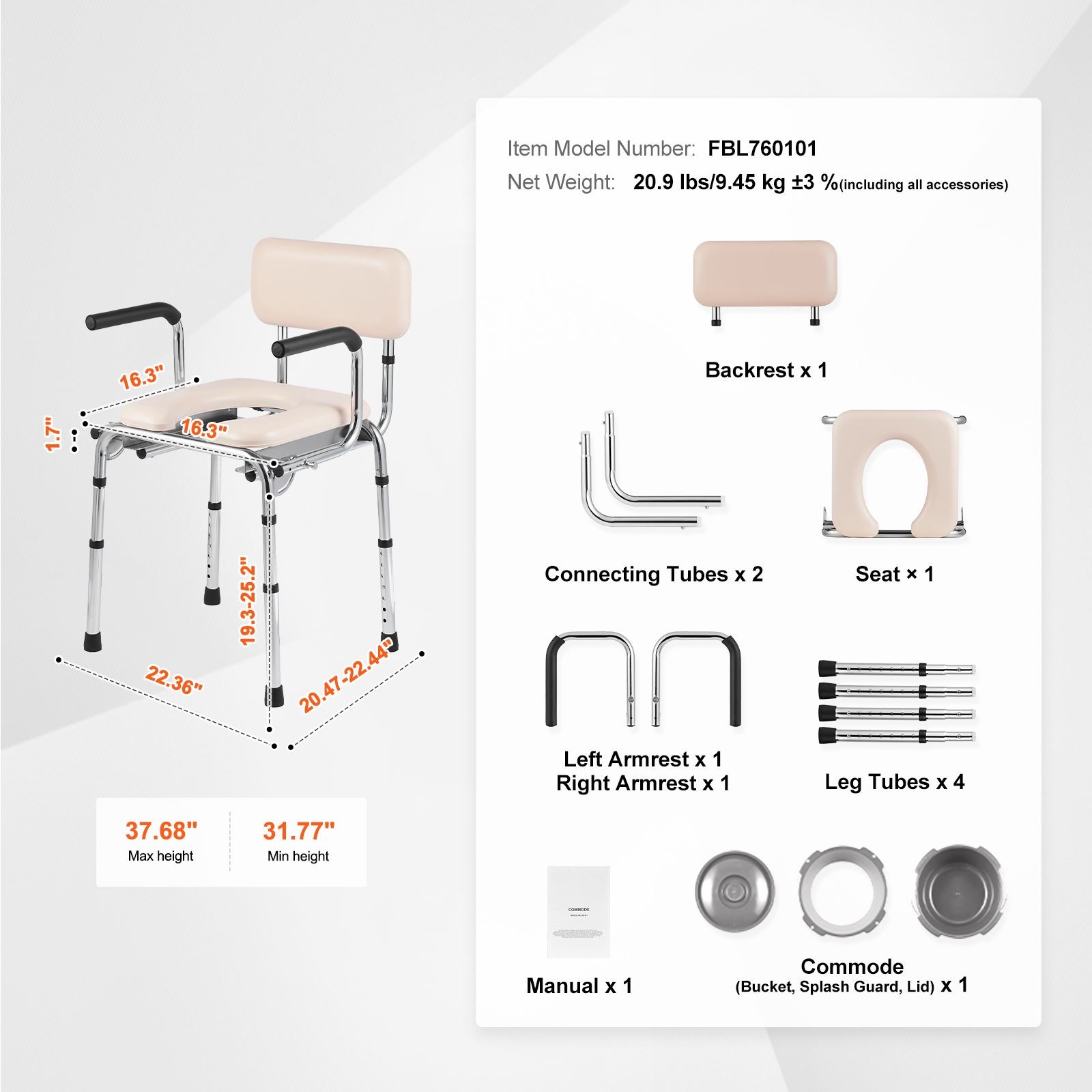 Commode Chair, Bedside Commode with Padded Seat, Drop – Down Arms, 7 – Level