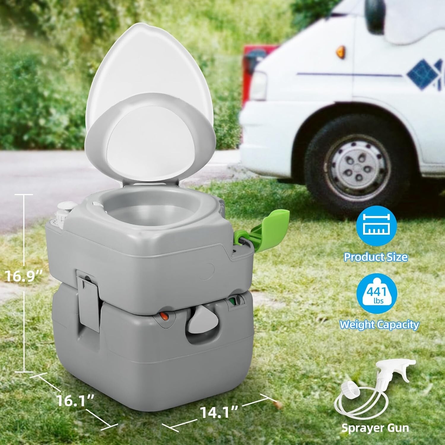 Elegant 5.8-Gallon Portable Toilet with Diagonal Bowl & Hand Sprayer for Camping