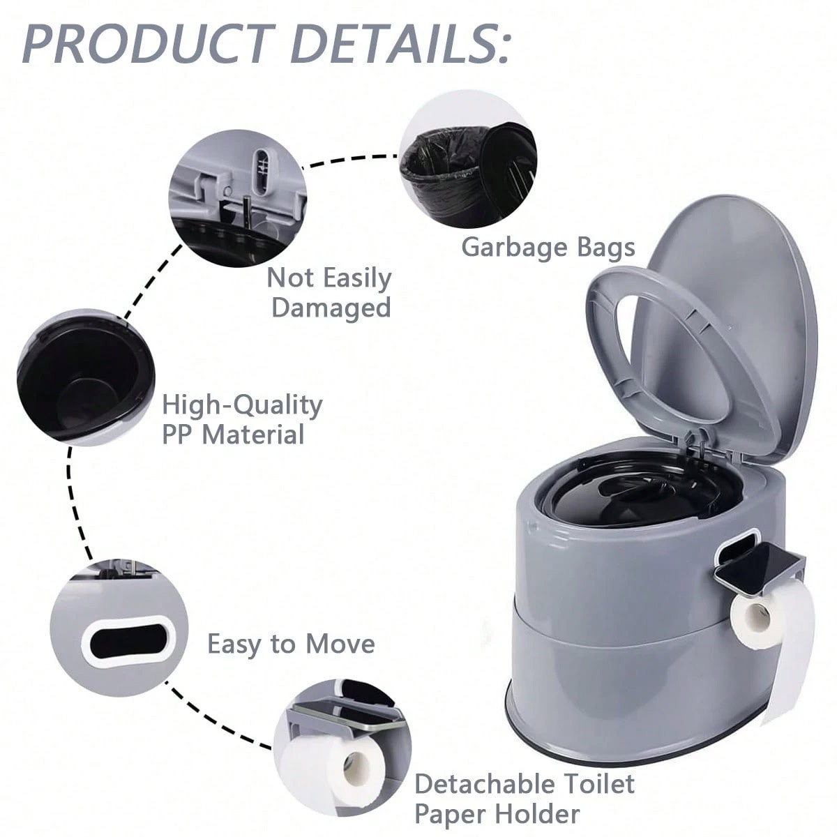 Portable Camping Toilet 1.3 Gal Detachable Bucket 300LB Gray