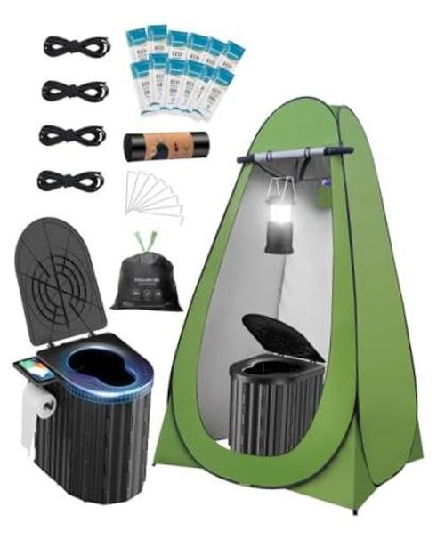 Portable Toilet with Privacy Tent – Urine Gel & Leak – Black & Green