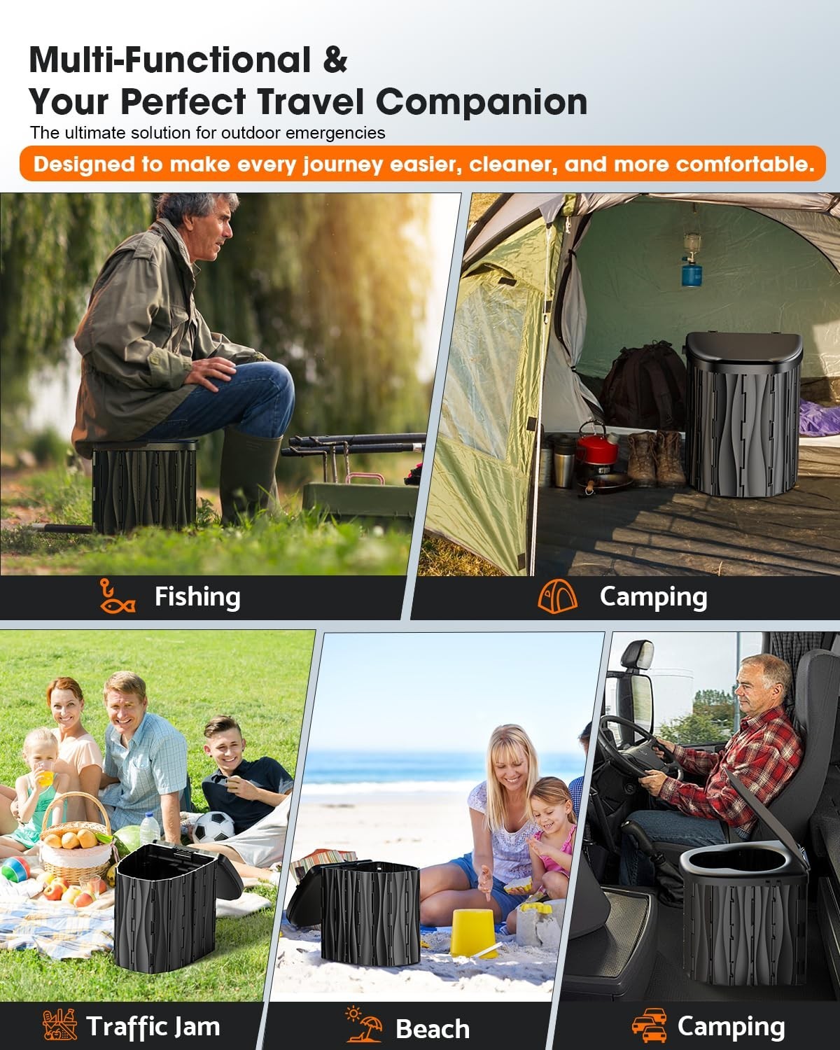Upgraded 15″ XL Portable Toilet for Camping, RV, Hiking, 500 LB Capacity, Lid &