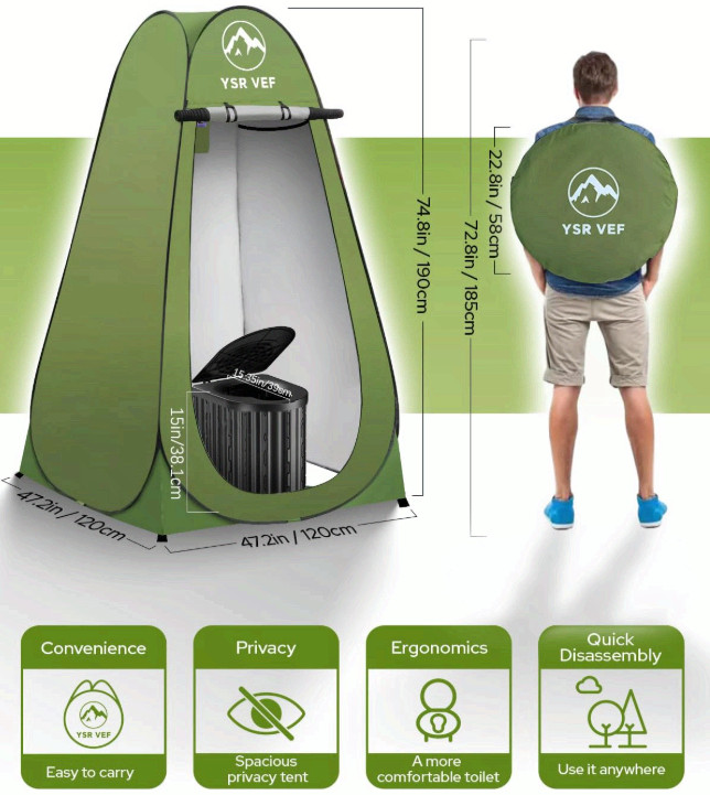 Portable Camping Toilet w/Pop Up Privacy Tent Ergonomic Potty