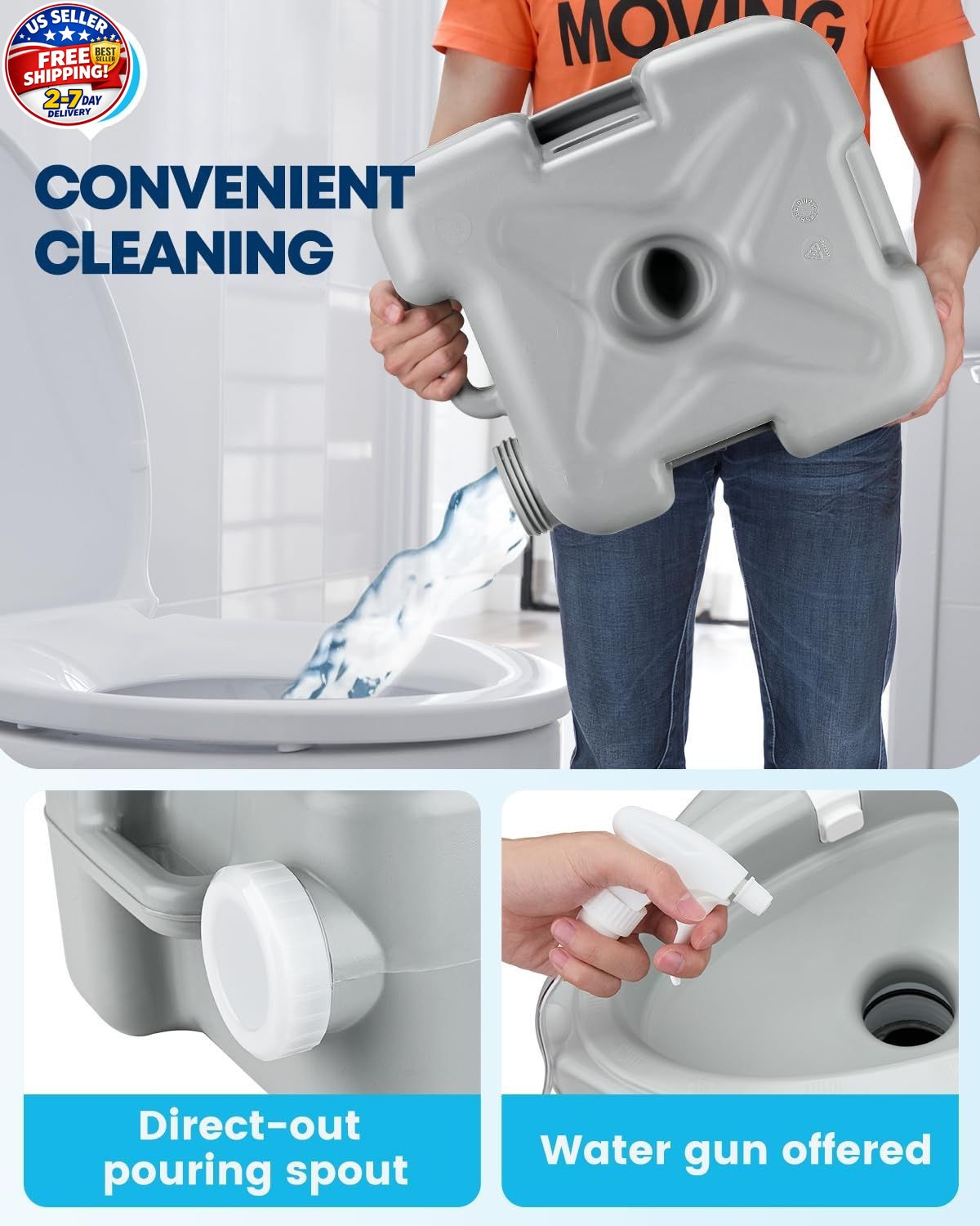 Camping Toilet Portable 5.3 Gal: 20L Porta Potty for Adults with Diagonal Elonga