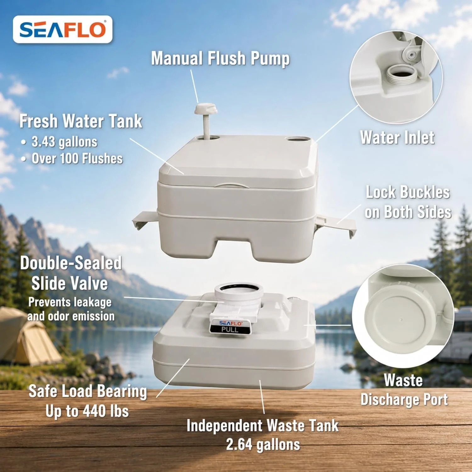SEAFLO Premium Camping Portable Toilet – 5.8 Gallon Waste 3.43 Gall Fresh Tank (
