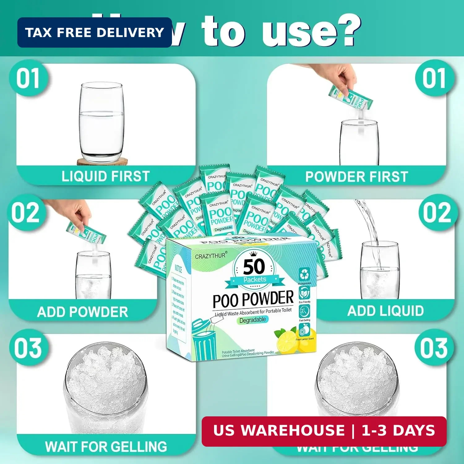 Poo Powder for Portable Toilet Gel Powder, Camping Toilet Gel | Lemon Scent Pee