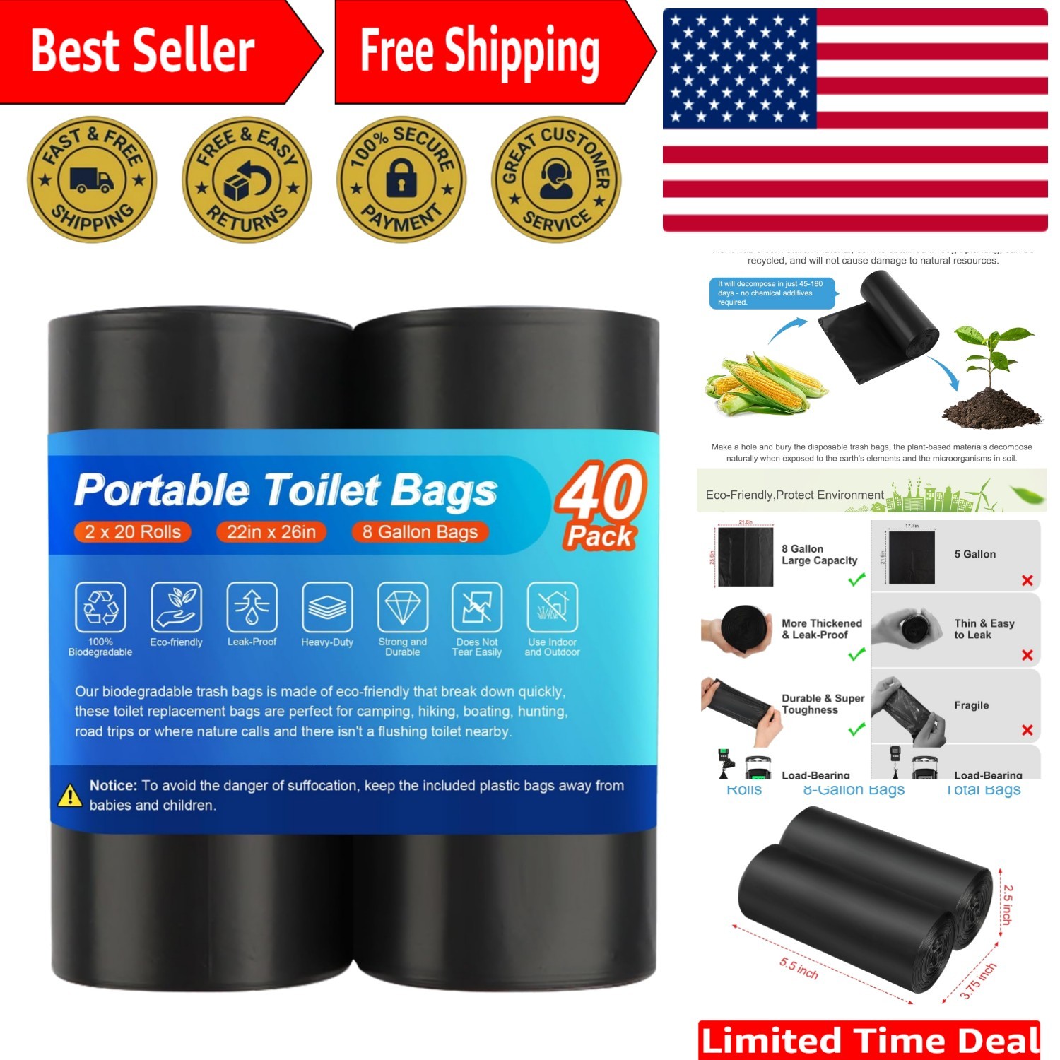 Universal Fit Biodegradable Toilet Bags – 80 Pcs for Convenient Outdoor Disposal