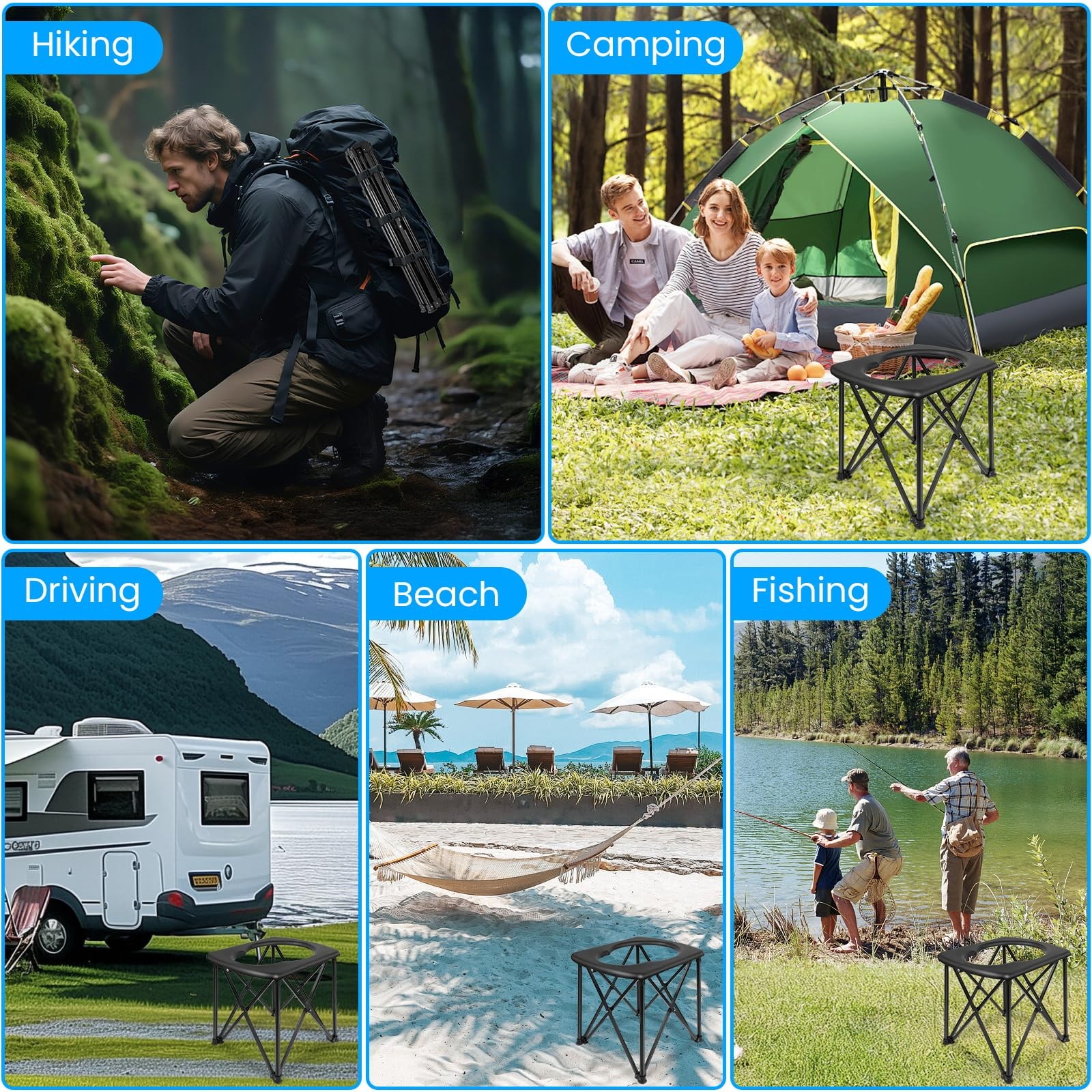 15.6” Portable Toilet for Camping, Ultralight Foldable Camping XL, Black