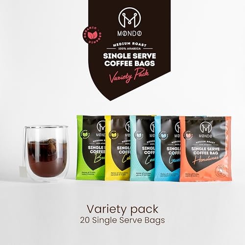 Mondo Single Serve Coffee Bags (20 Cups) Variety Pack – Organic, Medium Roast