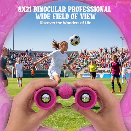 Portable 8×21 Binocular for Kids with Compass Carabiner&Magnifying Rose-Pink