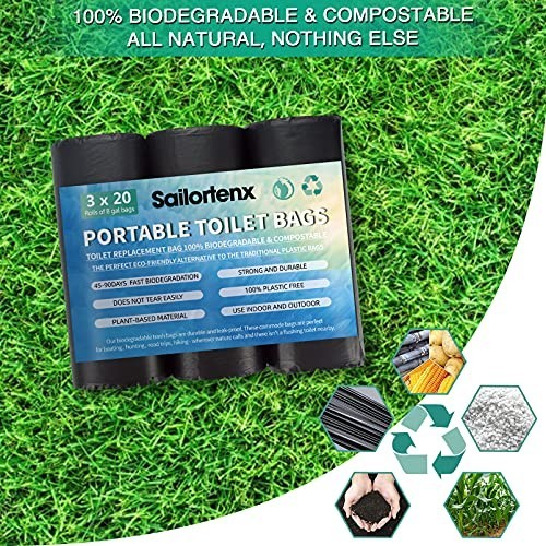 60 Biodegradable Portable Toilet Bags – 8 Gallon, Leak-Proof, Plant-Based, Campi