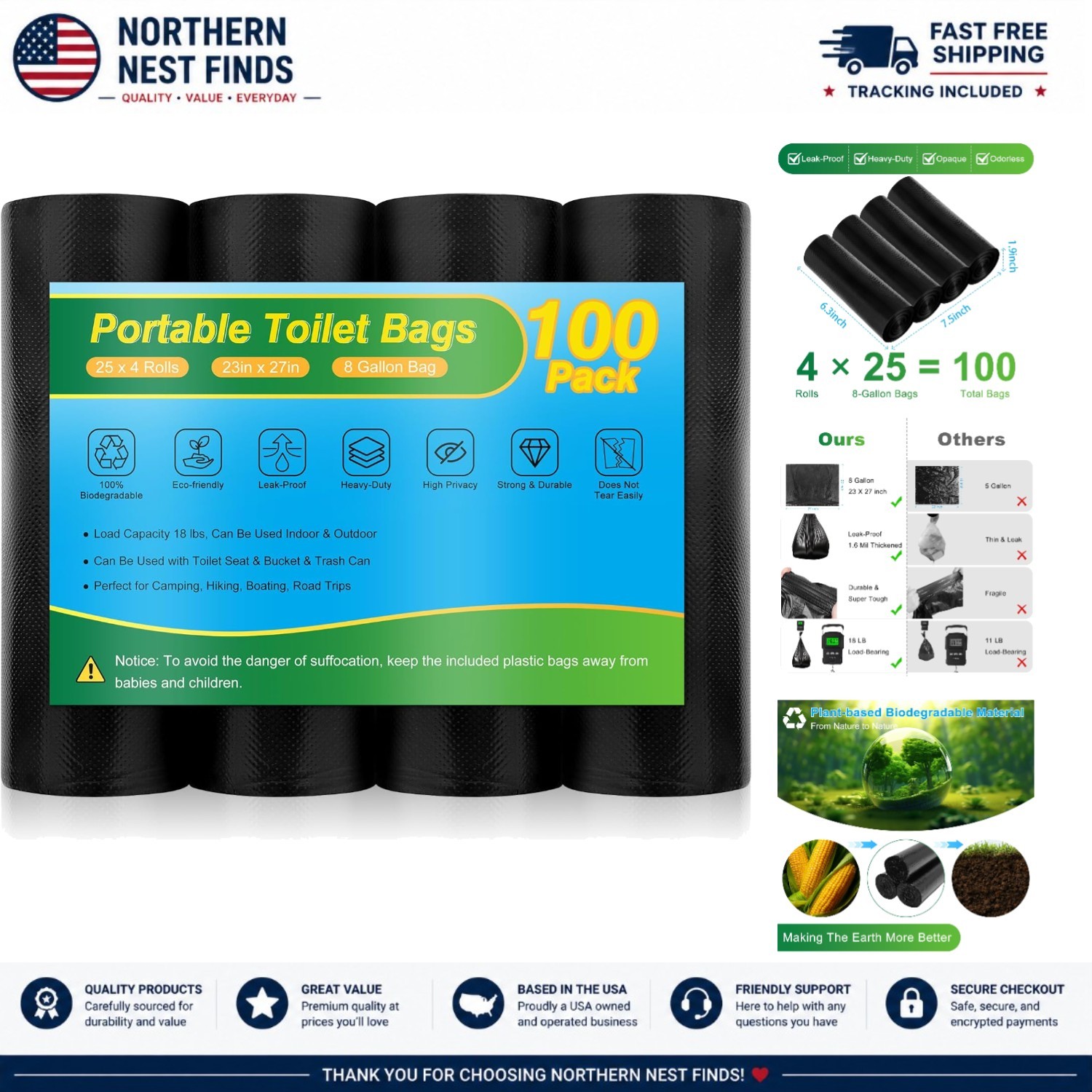 100 Biodegradable Portable Toilet Bags – 8 Gallon Capacity for Camping & Travel
