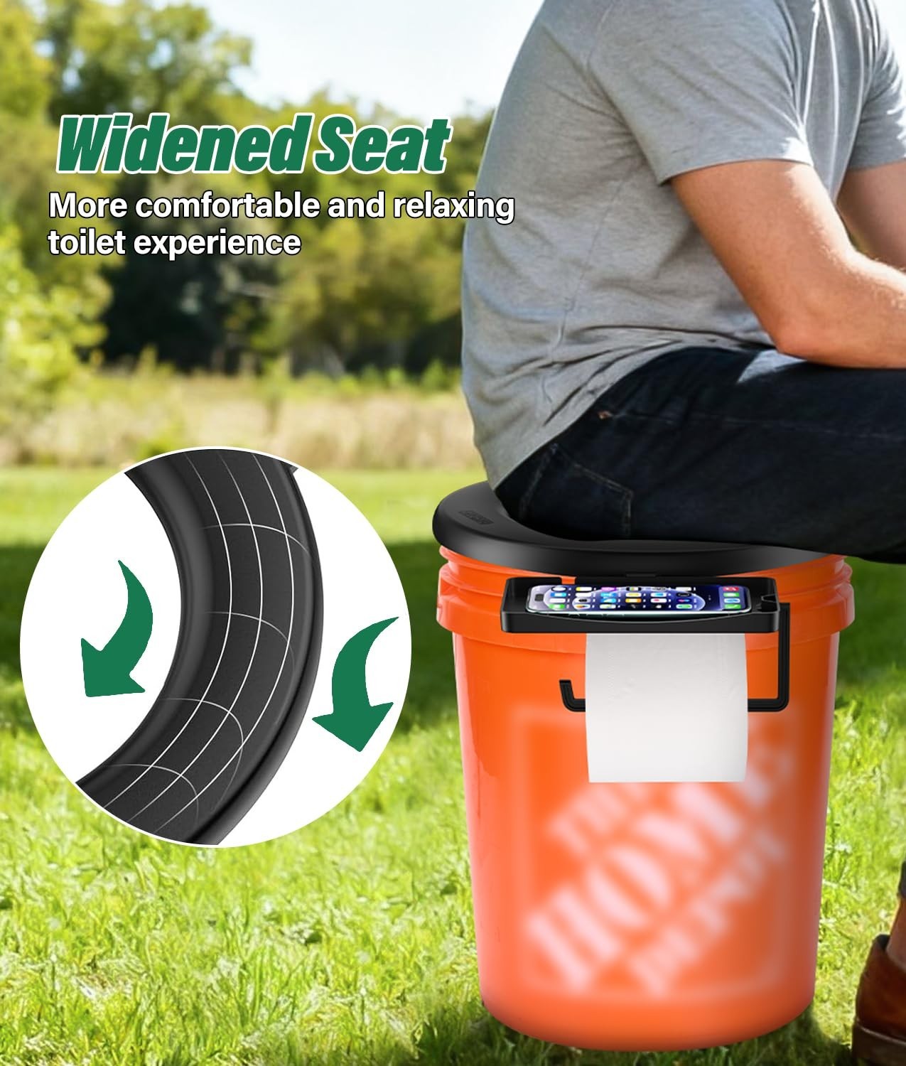 Portable Bucket Toilet Seat for 5 Gal Buckets with TP Holder and Phone Shelf
