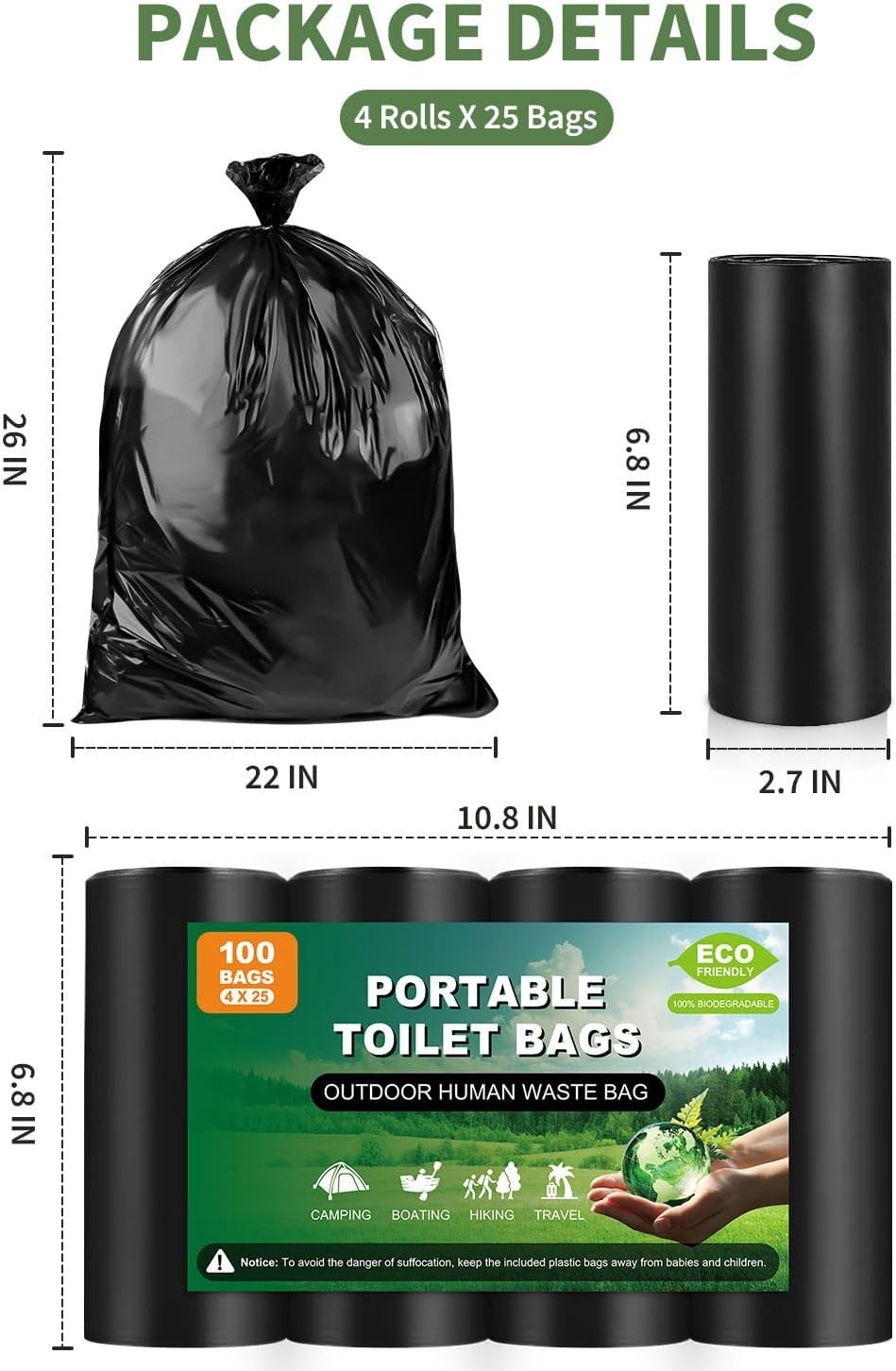 25 Portable Toilet Bags, Thick Biodegradable Camping Toilet Bags for Portable Po