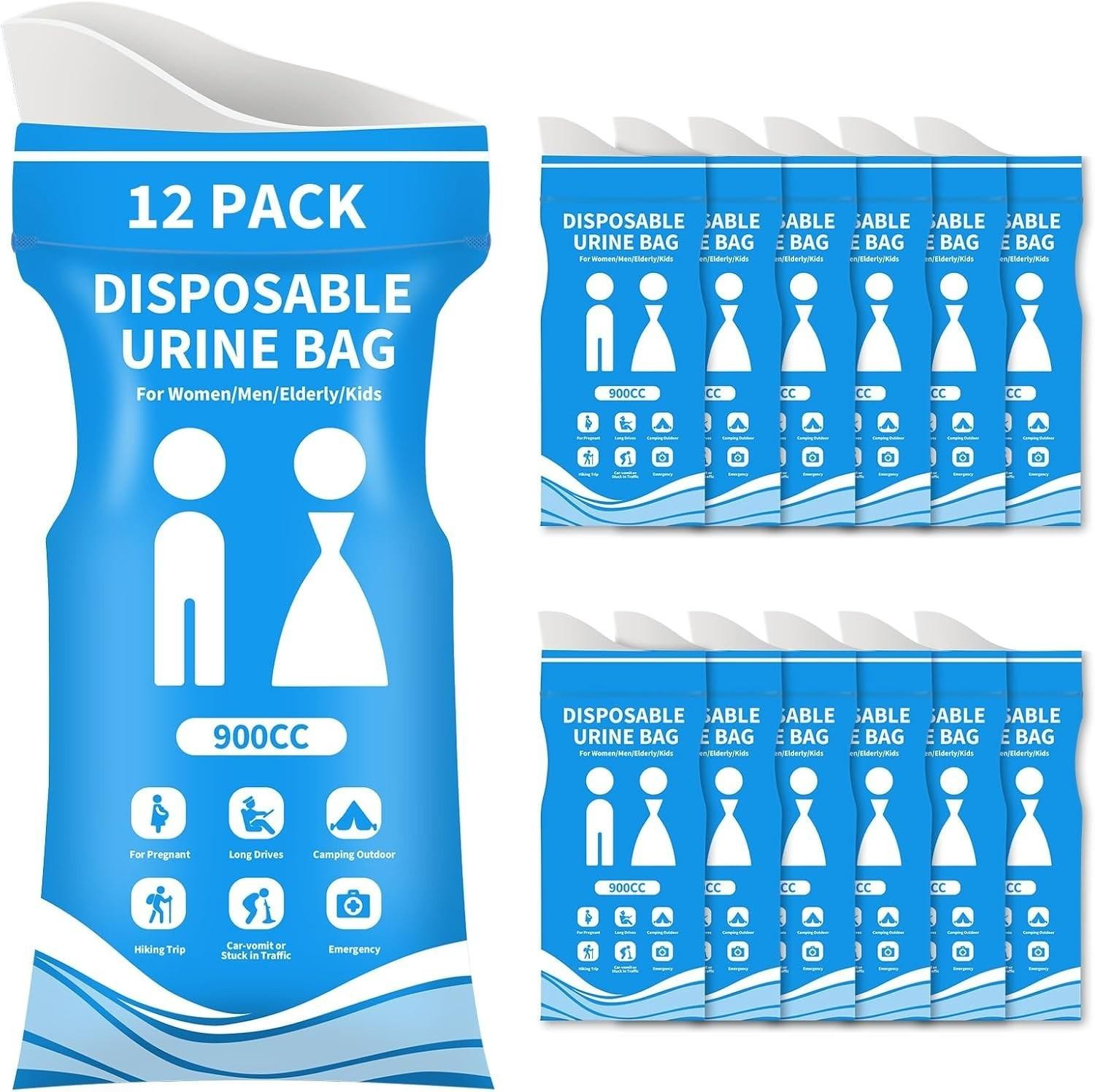 12 Pack Disposable Urine Bags 900ml Portable Travel Urinal Leakproof