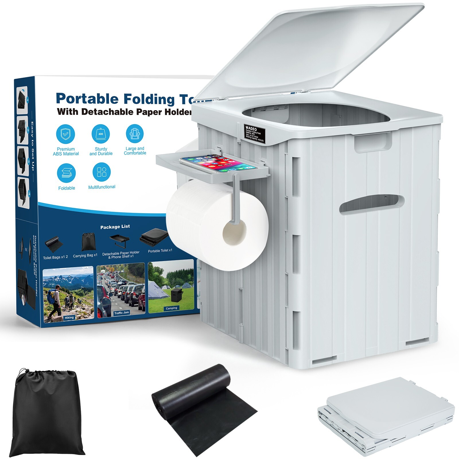 Extra Large Portable Camping Toilet with Lid, Phone Shelf and Paper Holder