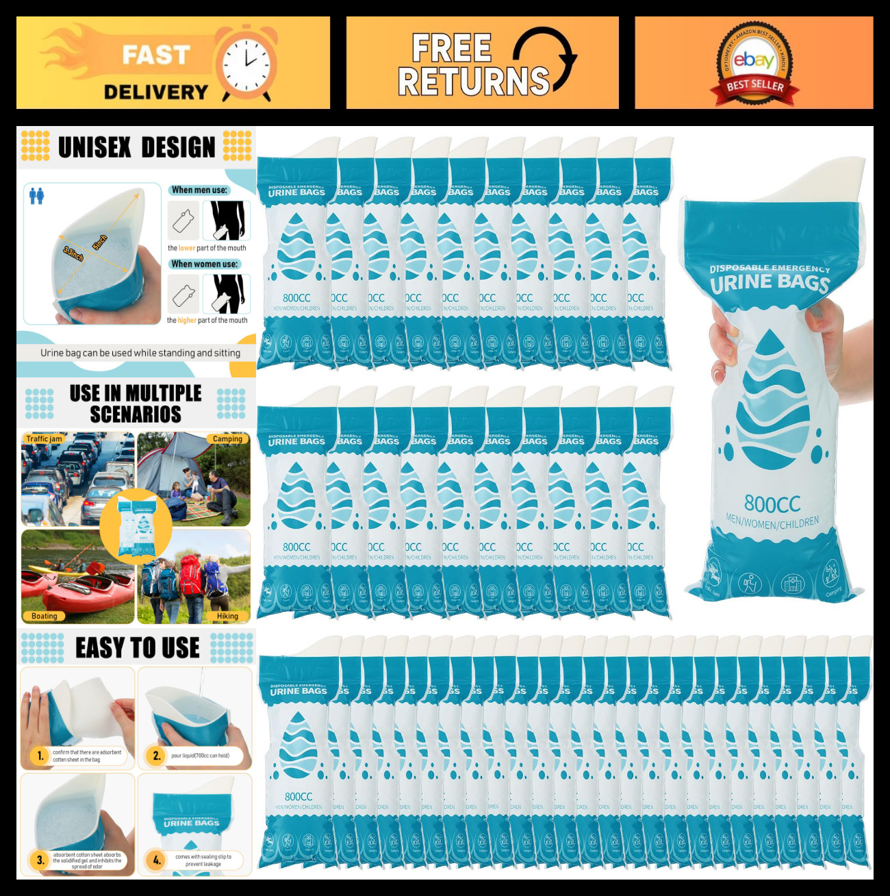 50 Disposable Urinal Bags – Portable Pee Bags for Travel, Camping, Emergencies