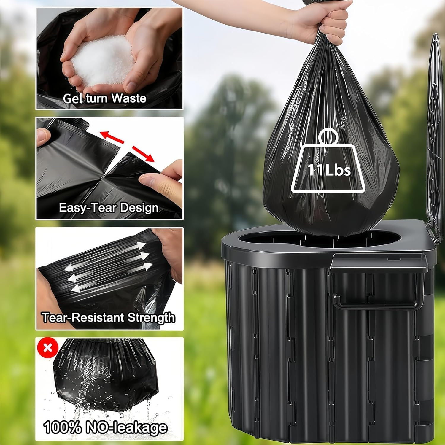 Portable Camping Toilet for Adults with Urine Gel & Leak-Proof Bags | Washable,