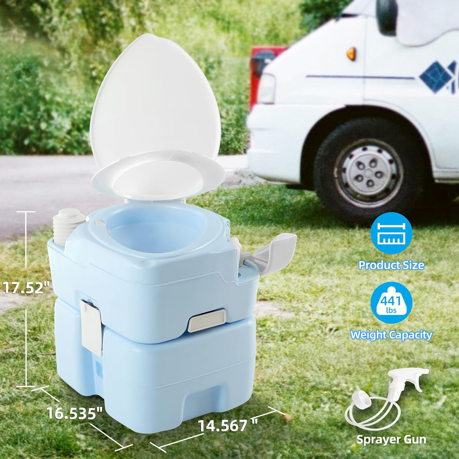 Portable 5.28 Gallon Camping Toilet with Press Flush & Hand Sprayer, Light Blue