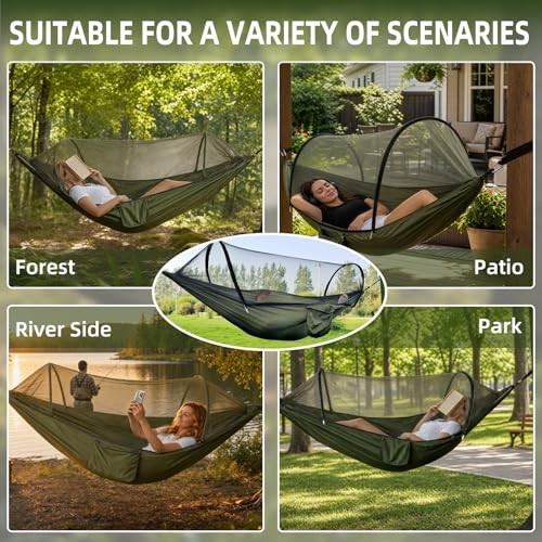 Ultra-Light Travel Camping Hammock with Pop-up Bug Net Hammock, Army Green