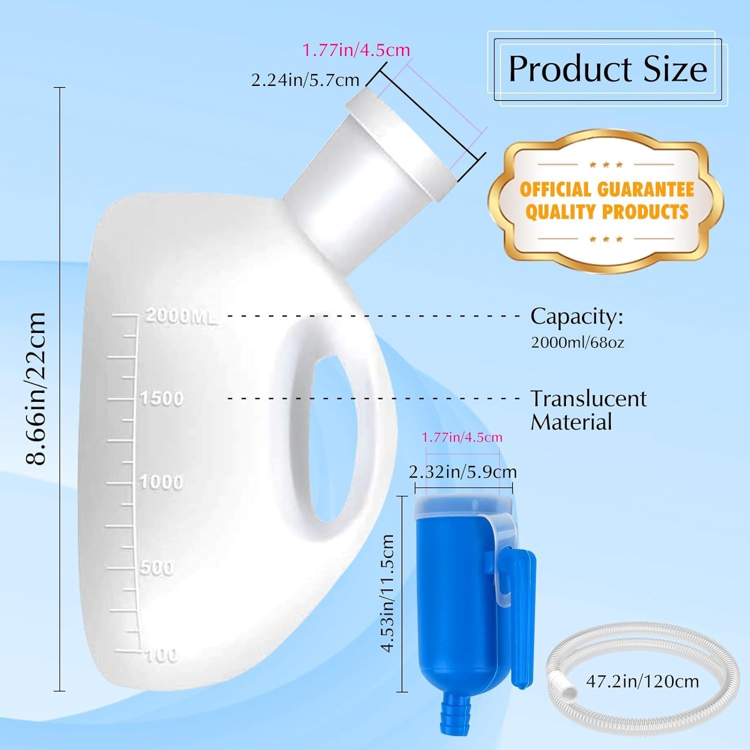 2000ml Portable Men’s Urinal Bottle with 47.2in Long Tube – Spill Proof Design