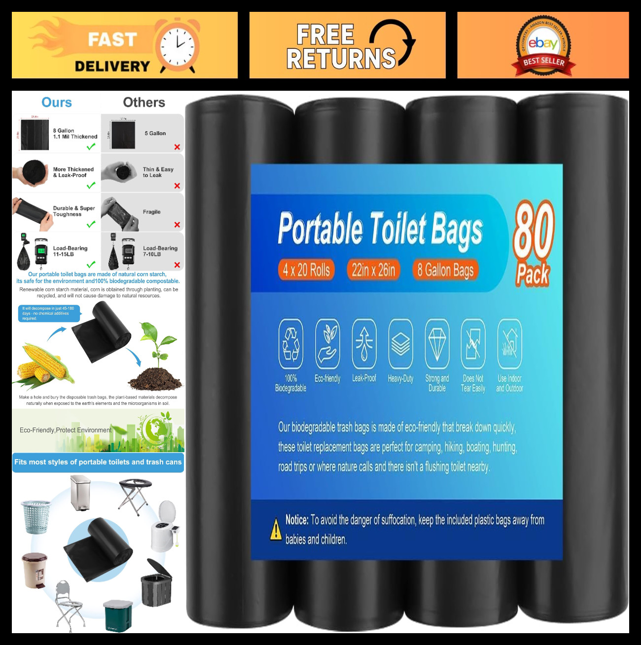 80 Biodegradable Portable Camping Toilet Bags – 8 Gallon Compostable Waste Bags