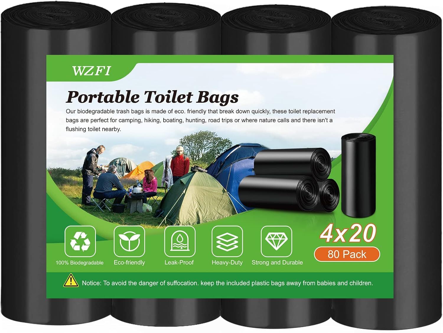Portable Camping Toilet Bags 8 Gallon Super Thick Camping Leak Proof Trash Bags
