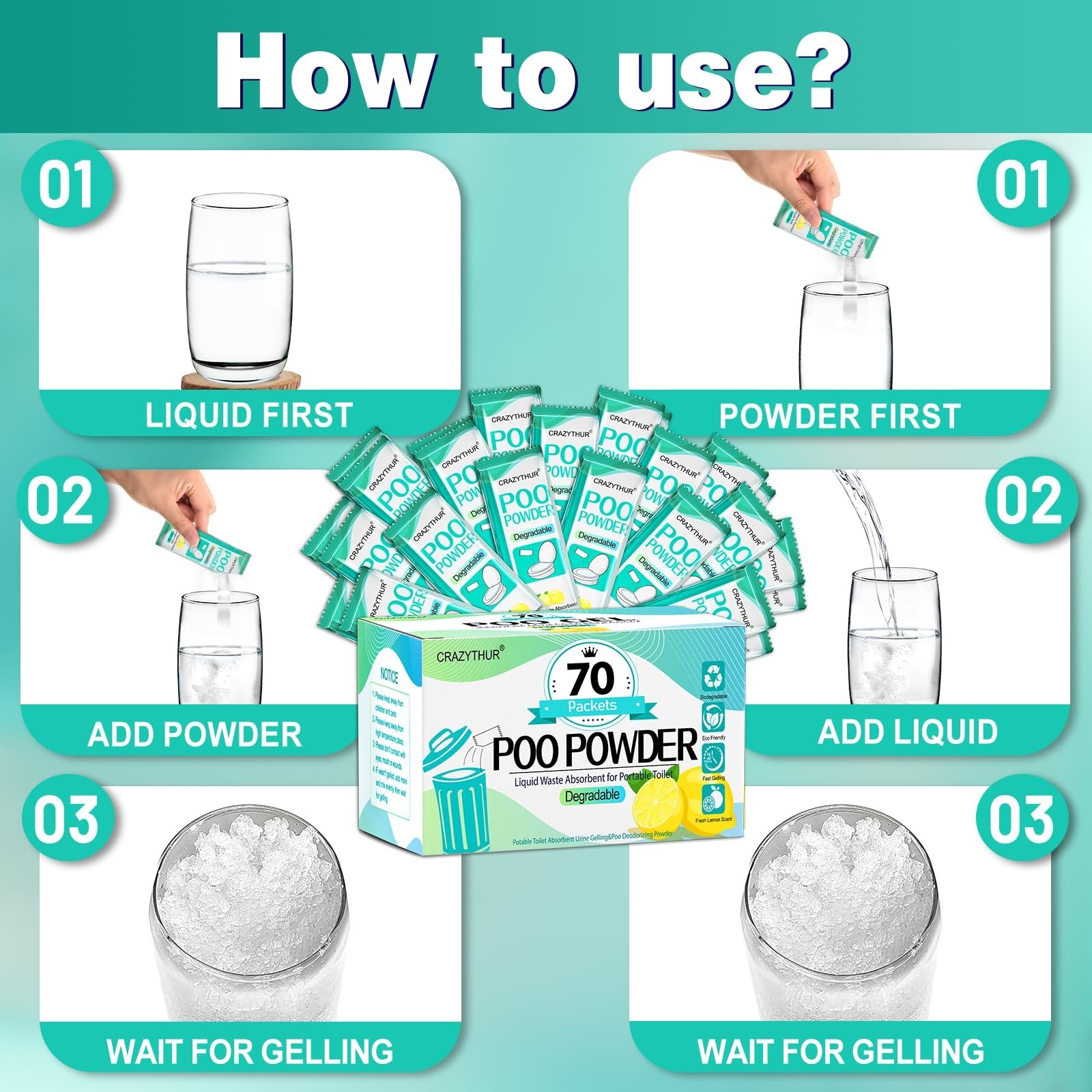 Portable Toilet Gel Powder – Poo & Pee Powder for Camping, Hiking, Outdoor Use
