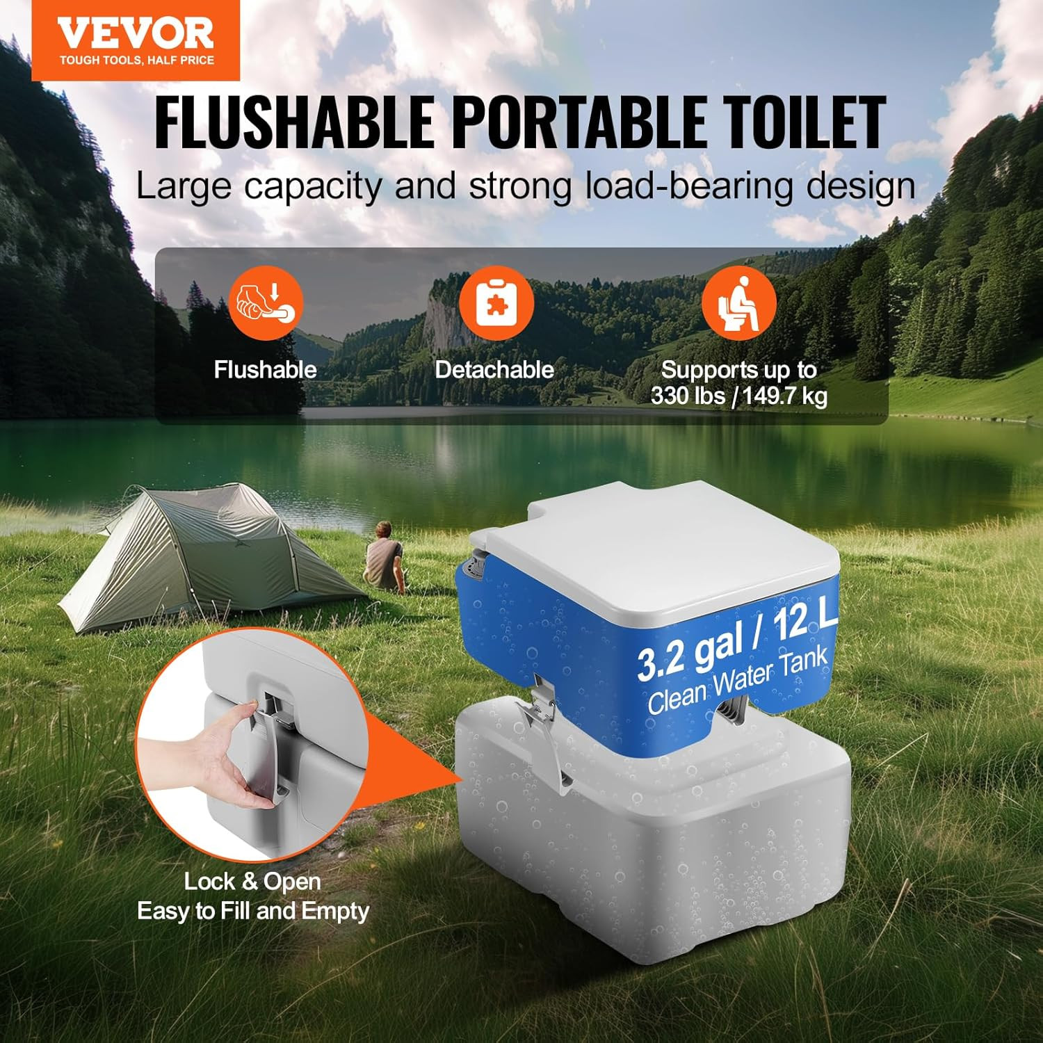 Portable Toilet for Camping, RV Toilet with Carry Bag, 5.3 Gal Waste Tank & 3.2