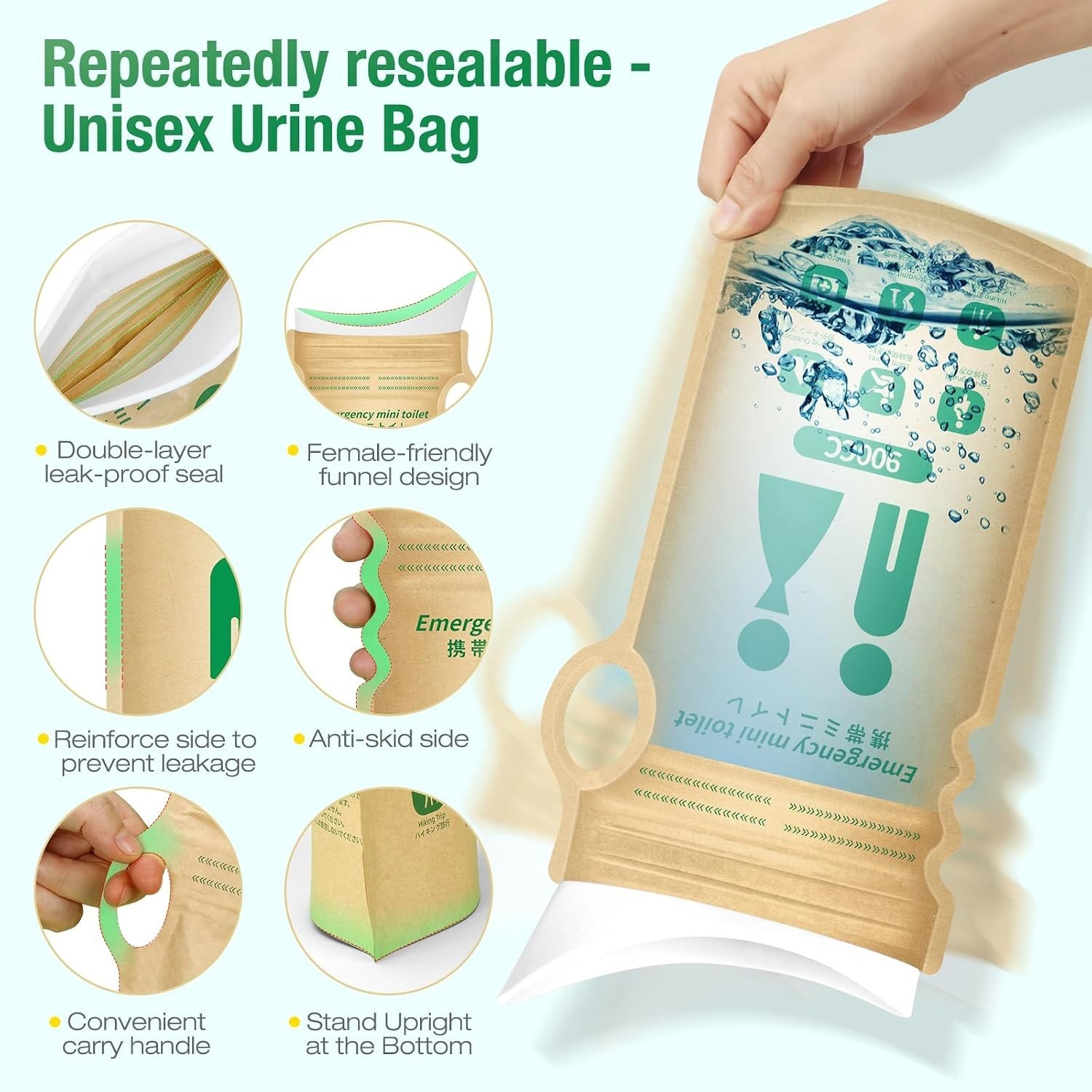HeyFir Disposable Urine Bags 900ml 9 Pack Leak Proof Gel Travel Emergency