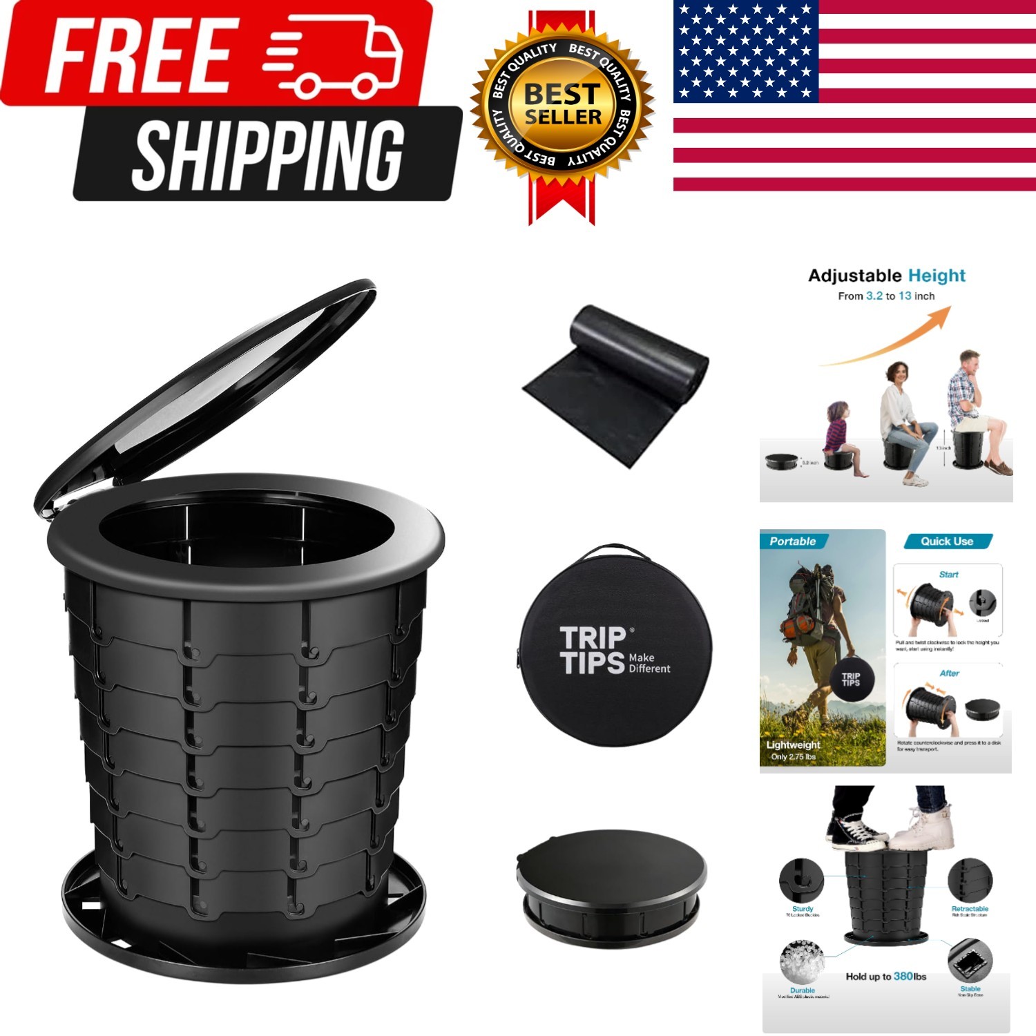 Upgrade Retractable Portable Toilet Travel Toilet Adjustable Height Camping T…