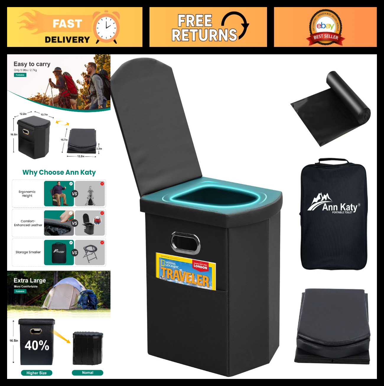 Upgrade XL Portable Toilet for Adults – Extra Large Folding Travel Toilet, Compa